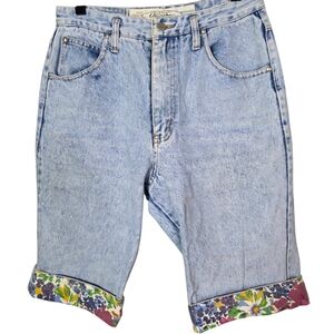 Y2K Unionbay High Rise Denim Bermuda Shorts Floral Cuff Bow Back